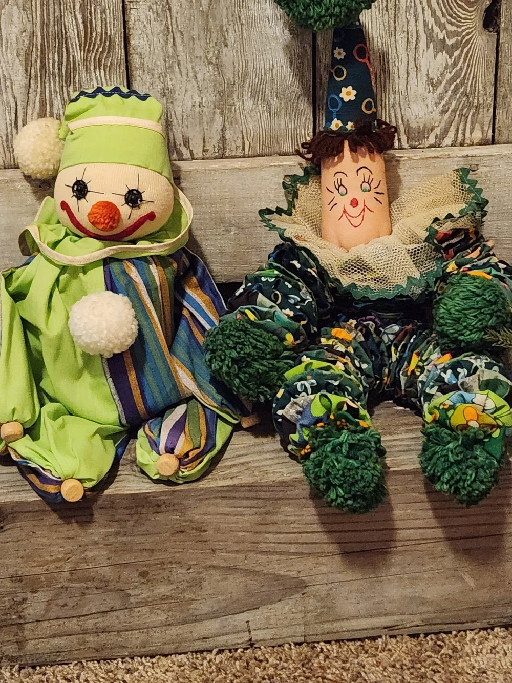 Antique Green and Multicolor Fabric Clown Pair - Decorative Home Accent
